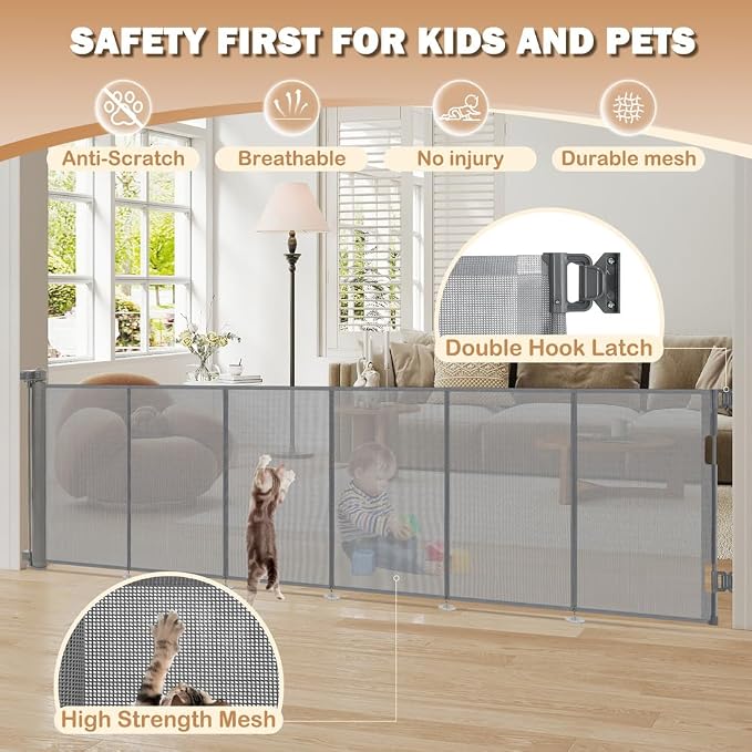 SMONTER Extra Wide Retractable Dog Gates, Mesh Baby Gate with Support Rods Extend to 118" Wide 33" Tall, Portable Safety Retractable Gate for Stairs, Indoor/Outdoor, Gray