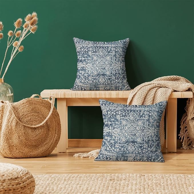 AEIOAE Boho Pillow Covers 20x20 Inch Set of 2,Carpet Pattern Throw Pillows Case,Navy Blue Ethnic Design Outdoor Decorative Square Linen Farmhouse Decor Cushion Covers for Home Sofa Bed Couch