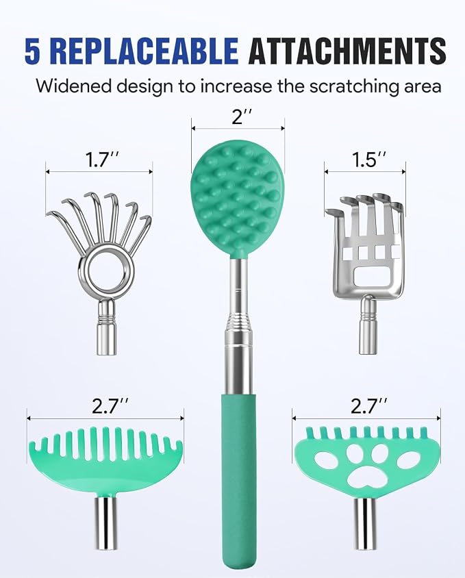 Gelibo Telescoping Back Scratcher with 5Pcs Detachable Heads, Extendable Back Massager Tool, Fathers Day Dad Gifts from Wife Daughter Son, Mens Gifts, Husband with Beautiful Box - Cyan