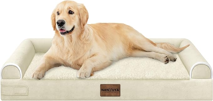 Orthopedic Dog Bed for Large Dogs, 36 x 27 Inch, Beige | Egg crate foam for joint support, 3-sided bolster pet sofa, waterproof lining, washable cover, and non-skid base