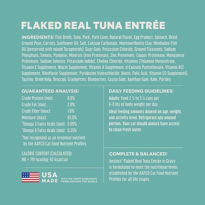 Instinct Flaked Entrees, Wet Canned Cat Food, Tuna, 3 oz. (24 Count) | Tender flaked cuts in savory gravy, high protein, real tuna, whole-food ingredients, grain-free, hydration support
