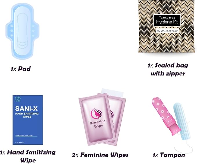 Menstrual Kit All-in-One | Convenience on The Go | Single Period Kit Pack for Travelling, Tweens & Teenagers or Emergency situations | Individually Wrapped Feminine Hygiene Products (Leather Light)