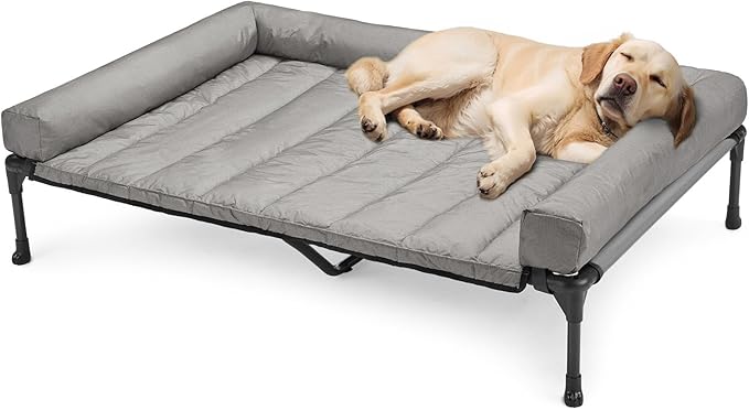 Veehoo Outdoor Elevated Dog Bed with Waterproof Bolster Cushion, Cooling | Raised Dog Bed with Removable & Washable Mat Topper, Breathable Mesh, Dog Couch Cot for Indoor Outdoor, 49", Large, Grey