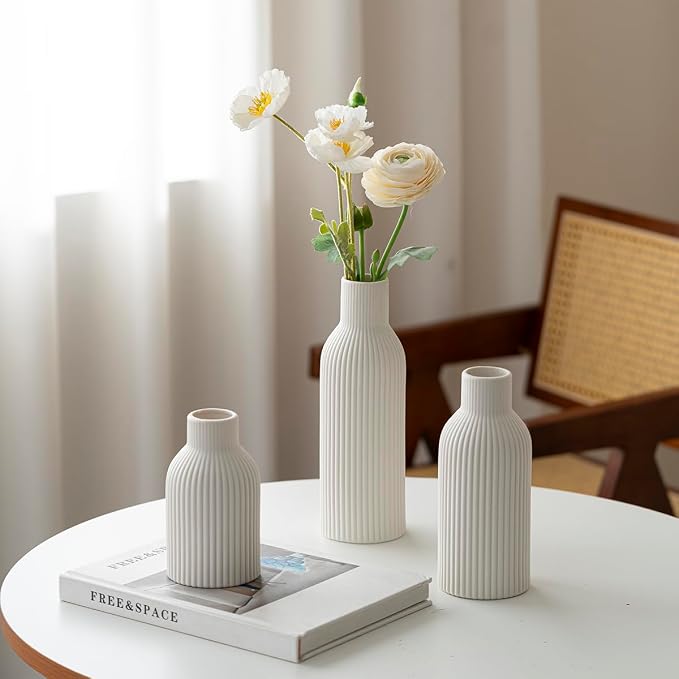 Modern Ceramic Vases Set of 3, White Ribbed Decorative Vases, Shelf Table Centerpiece for Home Decor, Birthday Gifts for Women, Mom, Grandma Decorative (White)