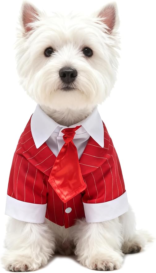 GabeFish Pets Wedding Jackets Suit for Dogs with Bow Tie Puppy Cat Formal Clothes Shirt Tuxedo (RedStriped, M (Chest 15.3in/39cm)
