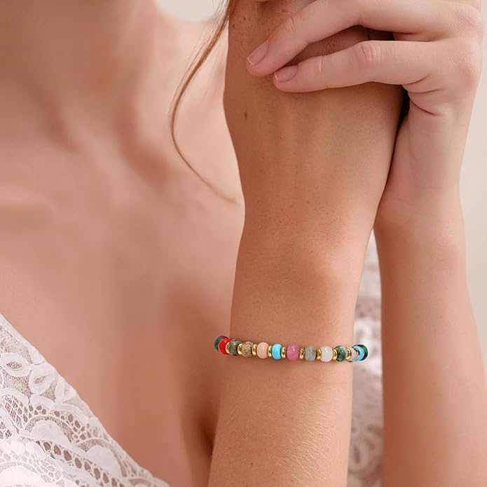 GolbalJew 4 * 6mm Gemstone Rondelle Bead Bracelets for Women Healing Crystal Stone Beads Bracelet Handmade Beaded Spiritual Jewelry Gifts