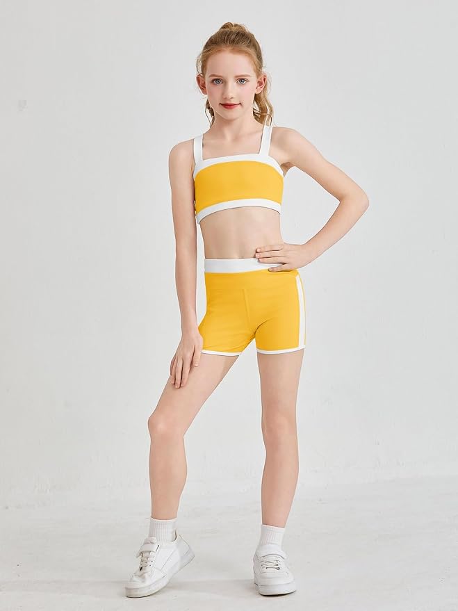 Haloumoning Girls 2 Piece Outfits Athletic Color Block Training Bra and High Waisted Shorts Clothing Sets 5-14Y