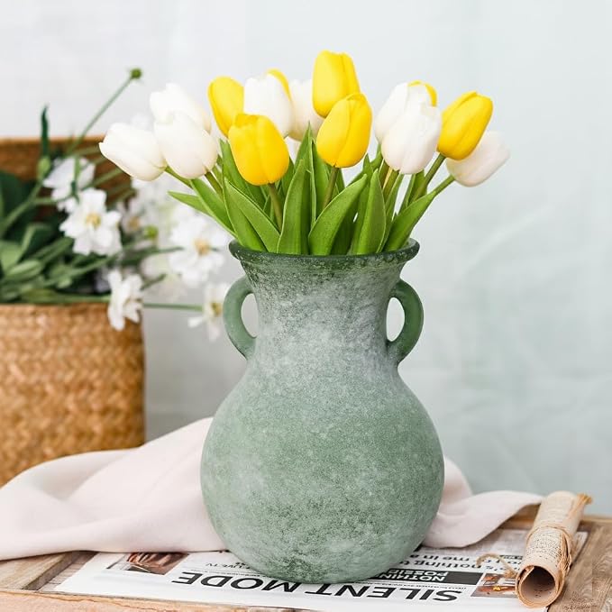 Green Glass Vase with Handles, 7.5 Inch Rustic pottery Style Flower Vase, Vintage Decorative Round Bud Jar for Dried Flowers, Earthy Aesthetic Centerpiece for Modern Farmhouse & Boho Spring Home Decor