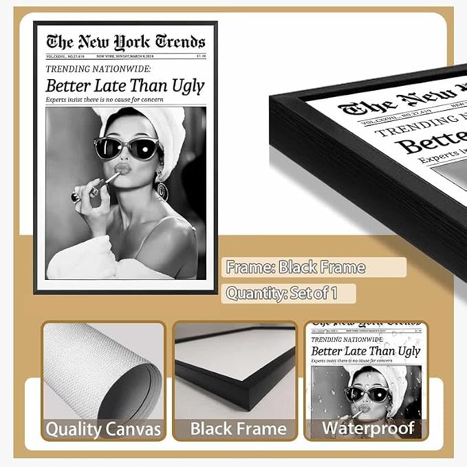 Framed Better Late Than Ugly Wall Decor Newspaper Audrey Hepburn Wall Art | Vintage Black and White Fashion Poster Chic New York Trends Glam Quote Canvas Print for Bedroom Bathroom Dorm 16x24inch