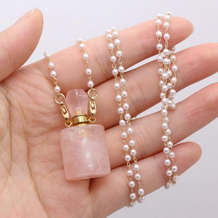 1pcs Natural Rose Quartz Stone Perfume Bottle Pendant Pearl Bead Chain Rectangle Heart Necklace for Women Jewelry Free Accessory Glasses