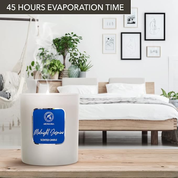 AROMATIKA Midnight Jasmine Soywax Candle - Up to 45 Hours Burn Time - Glass Candle Gift - Aromatherapy Candle - Blue Floral Scent