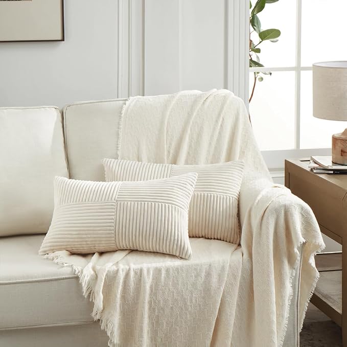 Fancy Homi Cream Lumbar Decorative Throw Pillow Covers 12x20 Inch for Living Room Couch Bed Sofa, Rustic Farmhouse Boho Home Decor, Soft Striped Corduroy Rectangle Accent Cushion Case 30x50 cm