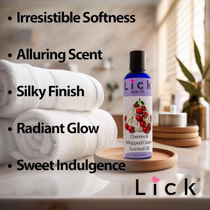 LICK Cherries & Whipped Cream Scented Body Oil – Non-Greasy Daily Hydration with Almond Oil & Vitamin E – 4 oz