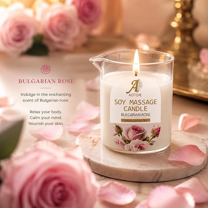 Massage Oil Candle 8.1 OZ for Massage Therapy and Skin Moisturizing,Natural Body Safe Soybeans Massage Oil Candles,Rose Scented Candles for Couples, Romantic Gift Scented Candles for Home SPA
