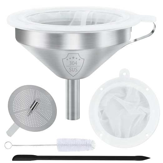 Kitchen Funnel for Filling Bottles, 5 Inch 304 Stainless Steel Funnel with Strainer for Transferring Oils Juices Wine Milk with Silicone Scraper and 100 Mesh 200 Mesh Filtel