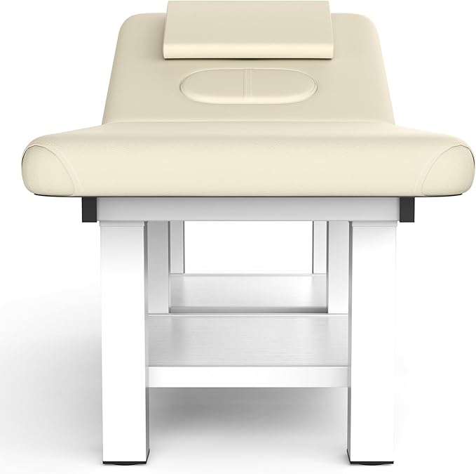 pouseayar Metal Frame Wide Stationary Massage Table for Treatment Table Physical Therapy Table Spa Facial Bed, PU Leather 31.5'' Wide 75'' Long (Beige Grey, Segmented Structure)