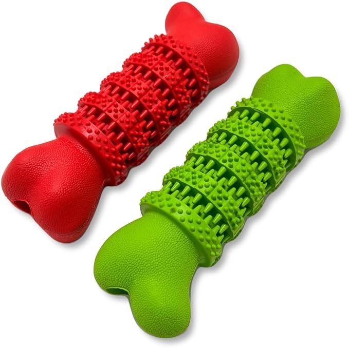 Durable Interactive Dog Bone Toys 2-Pack (6.5”) for Medium & Large Dogs – Treat Dispensing Chew Bones with Teeth Cleaning & Puzzle Design (Green & Red)