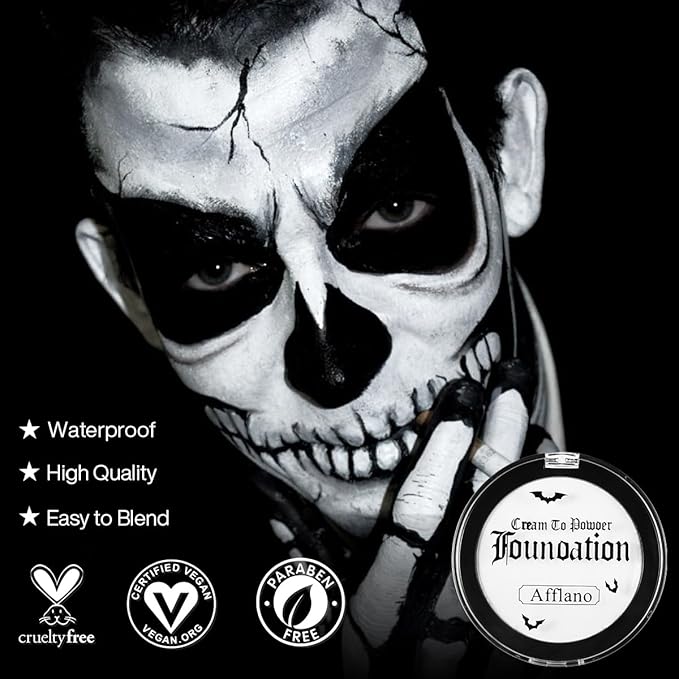 Goth White Cream to Powder Foundation Makeup, Clown White Face Body Paint Concealer for Kids & Adults, Long Lasting Greasepaint for Halloween Makeup Cosplay Joker Vampire Ghost SFX Theater Film Stage