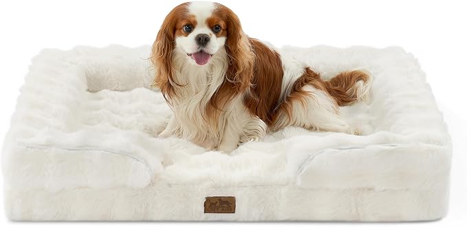 COZY KISS Faux Fur Orthopedic Dog Bed Washable for Large Dogs, L Sized | Soft Warm Pet Sofa with Sides or Bolster, Non-Slip and Big Dog Couch with Removable Waterproof Cover, 36x27 inch, Beige