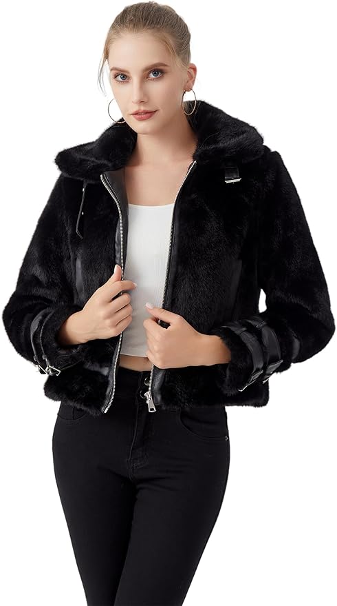 GRAN ORIENTE Womens Belted Winter Faux Fur Coats, Cropped Fuzzy Cuff Furry Zipper Up Warm Jackets Outwear