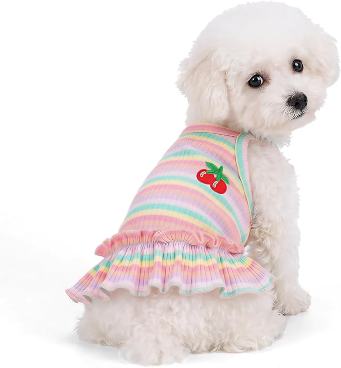 Jmkcoz Cute Striped Dog T Shirts Puppy Dress Pet Sleeveless Vest Clothes | Pink, X-Large, Soft, Lightweight, Breathable, Washable, Worn in All Seasons, Cherry Dog Shirts for Small Dogs Cats Chihuahuas