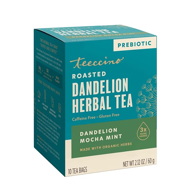 Teeccino Dandelion Mocha Mint Tea - Caffeine Free, Roasted Herbal Tea with Prebiotics, 3x More Herbs than Regular Tea Bags, Gluten Free - 10 Tea Bags