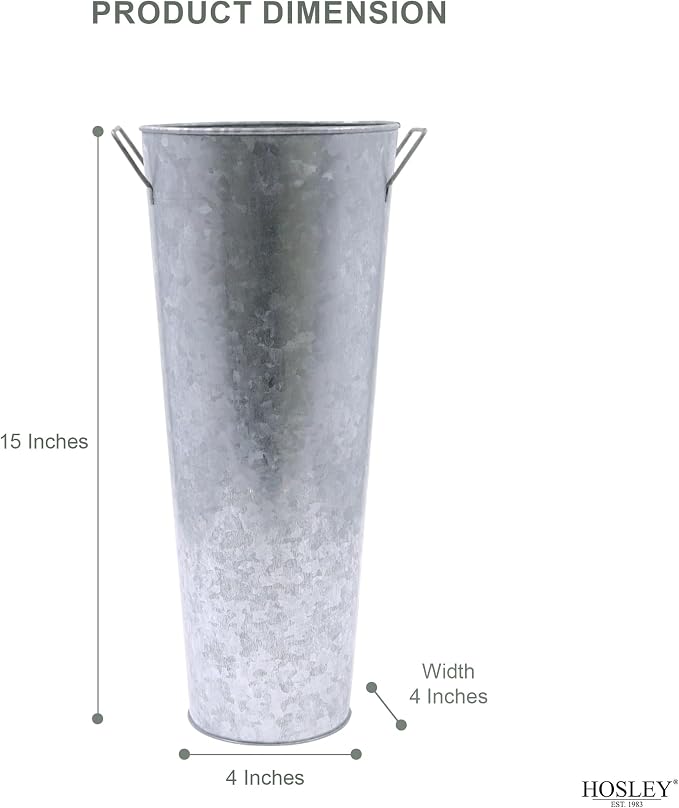 Hosley Galvanized French Bucket Vase with Handles 6" Dia x 15" H- Perfect for Weddings, Parties, Country Picnics, Floral Arrangements, Tableware Storage, or Candle Gardens - Rustic Farmhouse Décor
