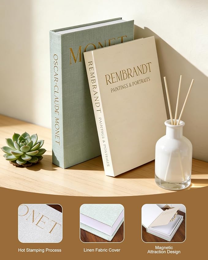 Decorative Books, Coffee Table Decor, 2 Linen Faux/Fake Books with Farmhouse Beads for Home Decor, Bookself, Entryway, Mordern Room Decor Aesthetic (Sage Green + Beige)