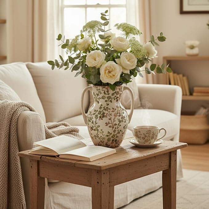 Emotionally Grounded Vase, Vaseking Large Ceramic Rustic Vase with 2 Handles, 8.3 inch Green and Beige Decorative Farmhouse Tall Vases for Home Decor, Living Room, Enterway, Table Decoration