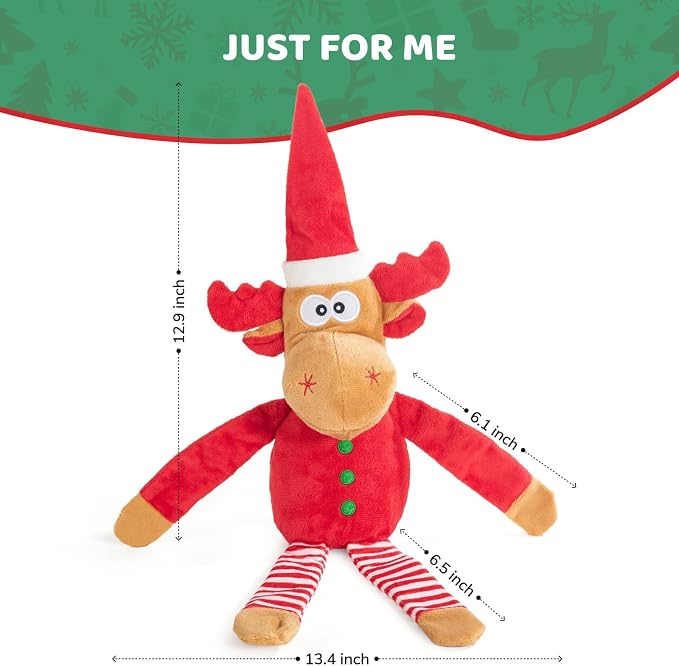 Christmas Dog Toy Reindeer Plush with Squeaker & Crinkle Paper – Holiday Squeaky Chew Toy for Small and Medium Dogs – Interactive Santa Elf Pooch on a Perch Dog Gift