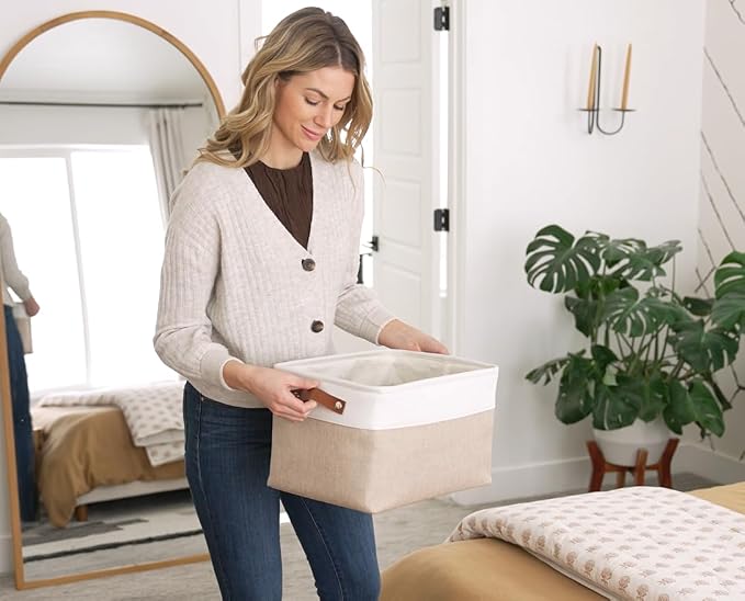 OrganiHaus 15x11in Canvas Storage Baskets 3 Pack - Fabric Bins for Shelves | Vegan leather handles; a decorative closet organizer for clothes, shoes, or toys; bedroom container
