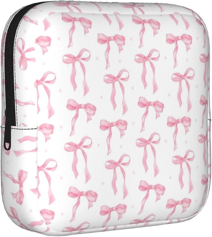 Pink Bow Ribbon Ribbon Bows Period Bag For Women,Portable Sanitary Napkin Period Pad Pouch For Purse, Small Make Up Bags