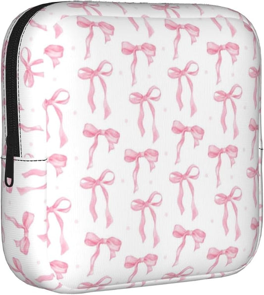 Pink Bow Ribbon Ribbon Bows Period Bag For Women,Portable Sanitary Napkin Period Pad Pouch For Purse, Small Make Up Bags
