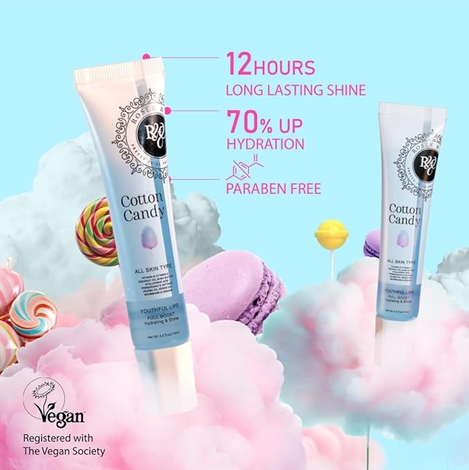 Rosee Lip Gloss Vegan & Cruelty Free Treatment, Professional Make up, Long Lasting Glossy with Shea Butter, Moisturize, Protect & Smooth, High Shine, Non-Sticky (n.Cotton Candy, 0.5)