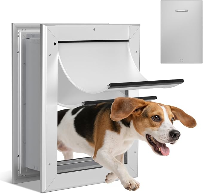 Ownpets Aluminum Dog Door for Wall and Door, Double Flap Energy Efficient, Telescoping Tunnel and Lock Panel, Heavy Duty Doggy Door for Dogs Up to 40lbs, Medium | Inner 9.25* 12.9 For Dog ≤40lbs, Telescoping Tunnel, Double Flap Insulation Energy Effici...