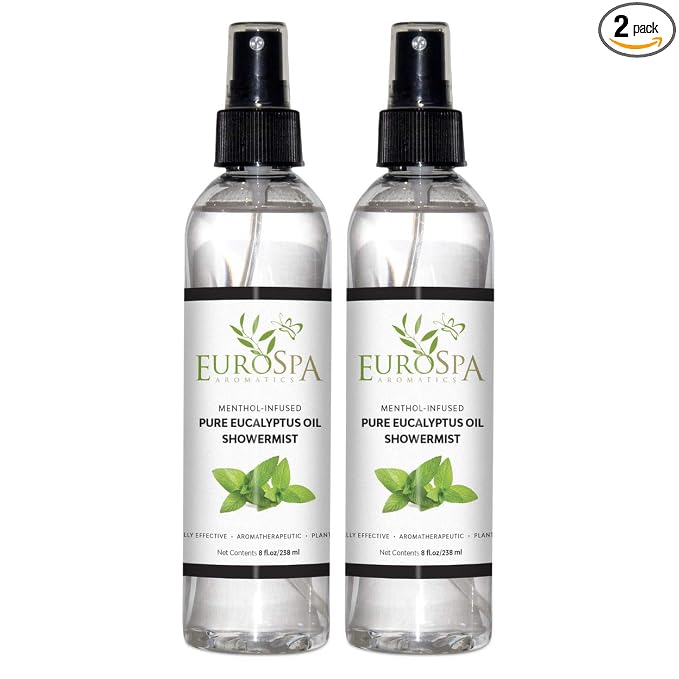 EuroSpa Aromatics Pure Eucalyptus Oil ShowerMist and Steam Room Spray, All-Natural Premium Aromatherapy Essential Oils - Menthol Infused, 8oz, 2 Pack