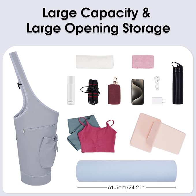 sportsnew Yoga Mat Bag, Large Opening Long Tote Yoga Mat Carrier Holder Bag with Waterproof Wet Pocket and Drawstring Water Bottle Pocket, Adjustable Shoulder Strap Storage Bag, patent pending