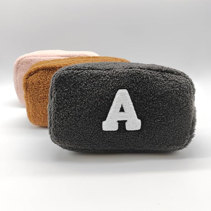 Cute Makeup Bag, Initial Cosmetic Bag, Fuzzy Makeup Bags for Women, Beauty Pouch with Chenille Letter, Personalized Cosmetic Pouch for Travel, Dark Grey T