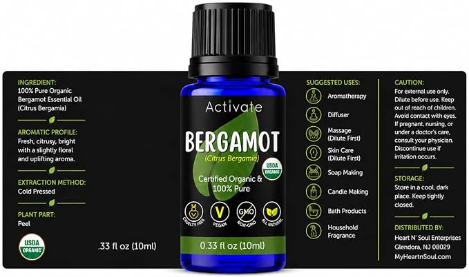 Activate Bergamot Organic Essential Oil, USDA Certified Organic, 100% Pure & Undiluted, Cold Pressed Citrus Bergamia Oil for Aromatherapy, Diffuser, Massage, DIY Skin Care, 10mL