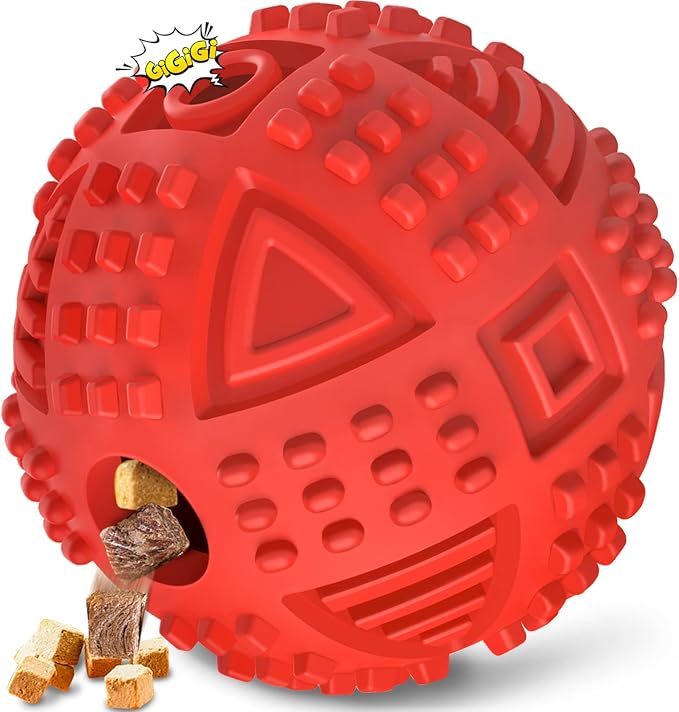 Dog Balls Treat Dispensing Dog Toys for Aggressive Chewers Large Breed-Red | Nearly Indestructible Squeaky Puppy Chew Toys for LargeBreeds, Natural Rubber Doggie Puzzle Toys, Pet Treat Ball