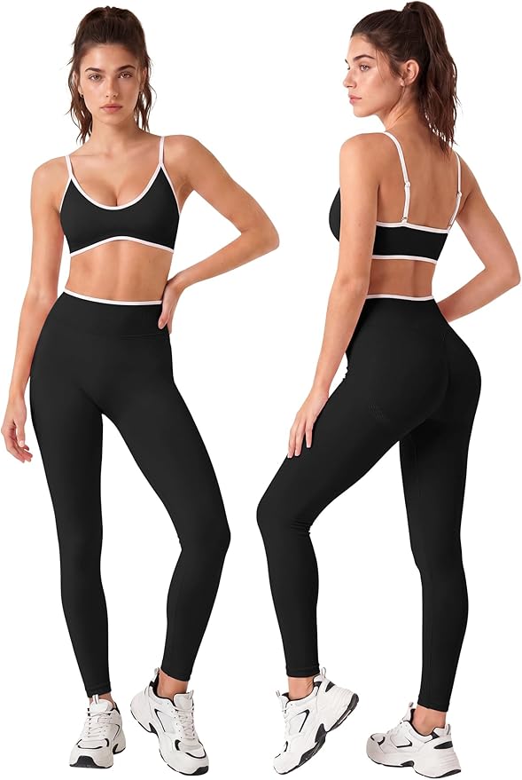 Workout Sets for Women 2 Piece Seamless Color Block Sports Bra Padded Scrunch Butt Lifting Leggings Matching Outfit
