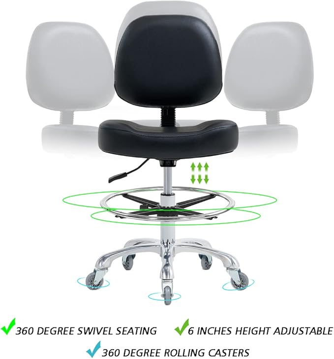 Drafting Chair Tall Office Chair for Standing Desk - Shop Stool with Backrest, Esthetician Drafting Stool with Wheels,Counter Height Chair for Studio, Workbench (Black, with Foot Rest)