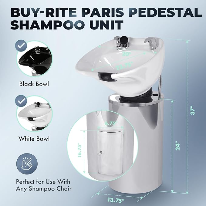 Buy-Rite Paris Pedestal Shampoo Unit with stainless steel base, white tilting porcelain bowl, faucet, spray hose, drain, and vacuum breaker – durable professional salon equipment.