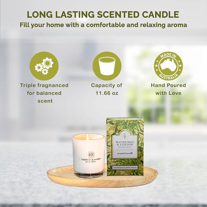 Luxury Lemongrass & Lemon Myrtle Soy Wax Candle - Hand Poured in Australia, 11.66 oz Glass Jar Fancy Candle, Strong Scented, Non-Toxic, Long Lasting 60 Hour Burn, Refreshing Natural Citrus Candle Gift