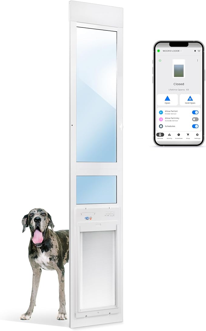 Power Pet Roll Up Smart Automatic Patio Pet Door, Proven Pet Operated Technology, Heavy Aluminum, Dual Low-E Glass, Safe, Secure, Airtight, Manual/App Control, 24/7 Timers