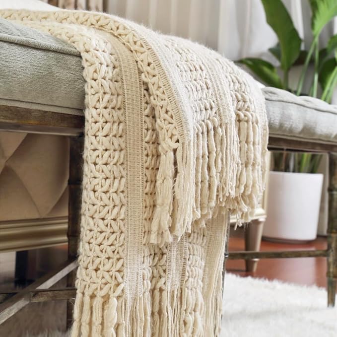CREVENT Home Decor Farmhouse Couch Sofa Chair Bed Throw Blanket, Soft Warm Cozy Light Weight for Travelling (50''X60'' Beige/Ivory)