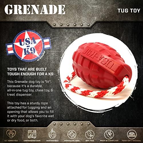 SodaPup USA-K9 Grenade – Durable Dog Tug Toy, Chew Toy & Treat Dispenser Made in USA from Non-Toxic, Pet-Safe, Food Safe Natural Rubber Material for Mental & Physical Stimulation, Bonding, & More