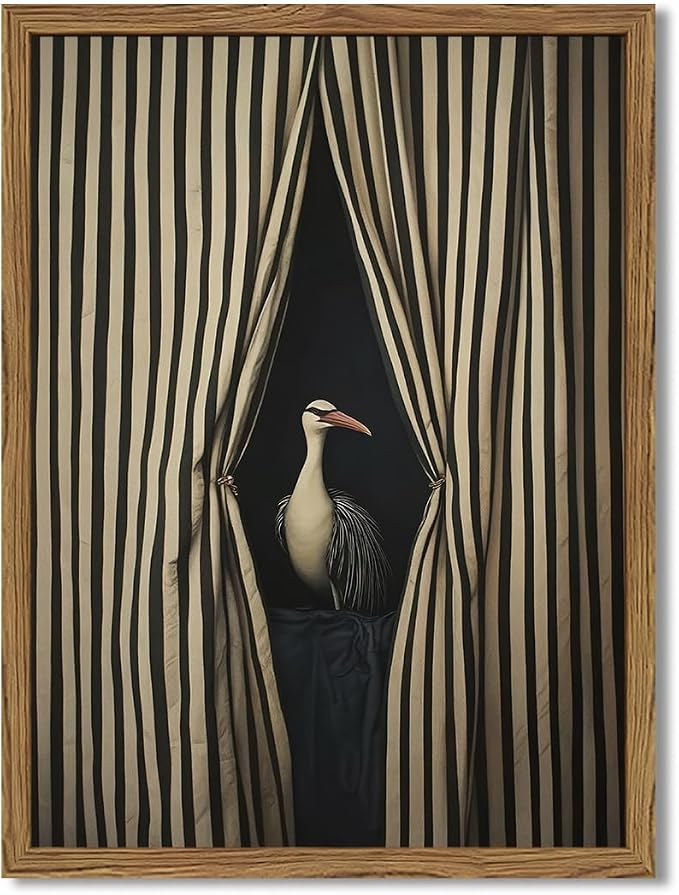 Framed Moody Crane Wall Art, Eclectic Vintage Bird Pictures Wall Decor Paintings, Surreal Humorous Animal with Black and White Striped Canvas Prints for Living Room Bedroom Bathroom Dorm 12x16 inch