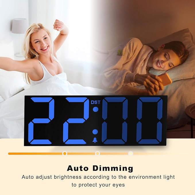 JALL 22" Large Digital Wall Clock, Big LED Number Dispaly, DST, Night Light for Classroom, Living Room, Bedroom, Mounted, Birthday Xmas Gift for Senior, Mem Womem Mom Dad, Blue