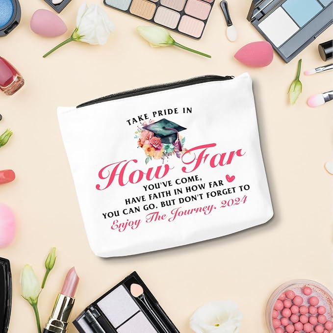 Graduation Gifts for Women, Class of 2024 Gifts, 2024 Graduation Congratulations Gifts Cosmetic Bag, Take Pride in How Far You've Come Makeup Bag, Cheer Up Birthday Gifts for Friend Sister